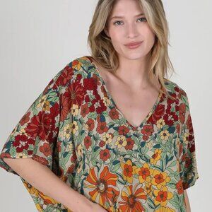 Natural Life Easy V-Neck Top in Gold Vintage Floral